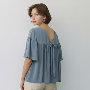 Loft V-Back Bow Mixed Media Top Blouse Size XS Drape Sleeve Blue Grey